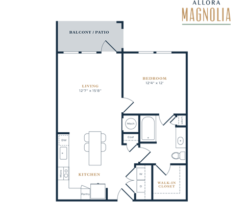 Floor plan for 1 bed, 1 bath, 763 sqft